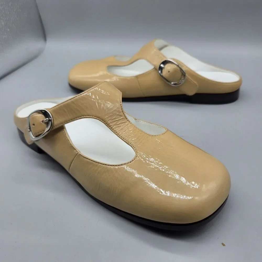 Tory Burch Violet sand patent leather T- Strap Mule slide shoes sz 7 NEW